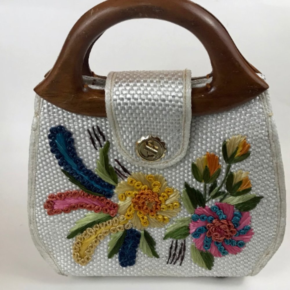 Vintage Bags by Whidby Floral Embroidered Straw Purse Tote Wooden Handles